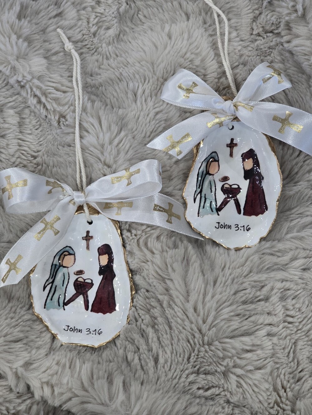 Religious John 3:16 Handcrafted Oyster  Shell Ornament - Set of 2